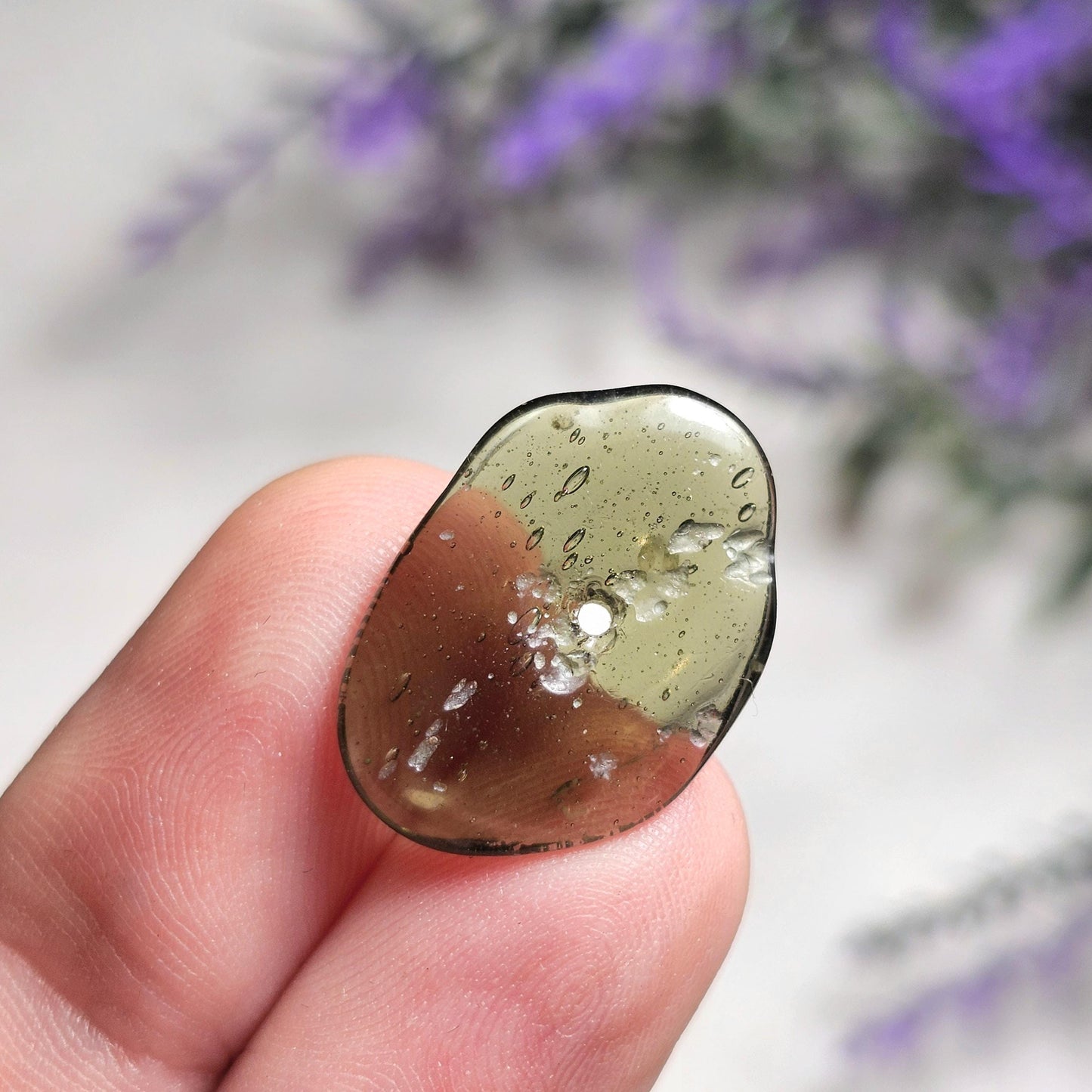 Polished Moldavite Bead: Authentic Czech Tektite Crystal (1.4g, 20mm x 14mm x 2mm)