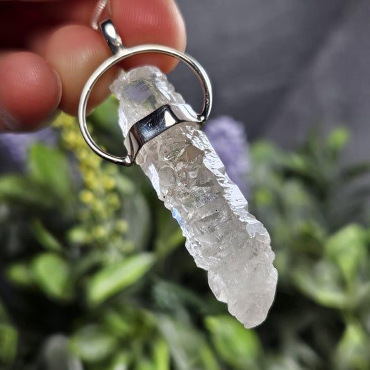 Nirvana Quartz Pendant, Himalayan Pink Trigonic Crystal: Sterling Silver Raw Stone Jewelry