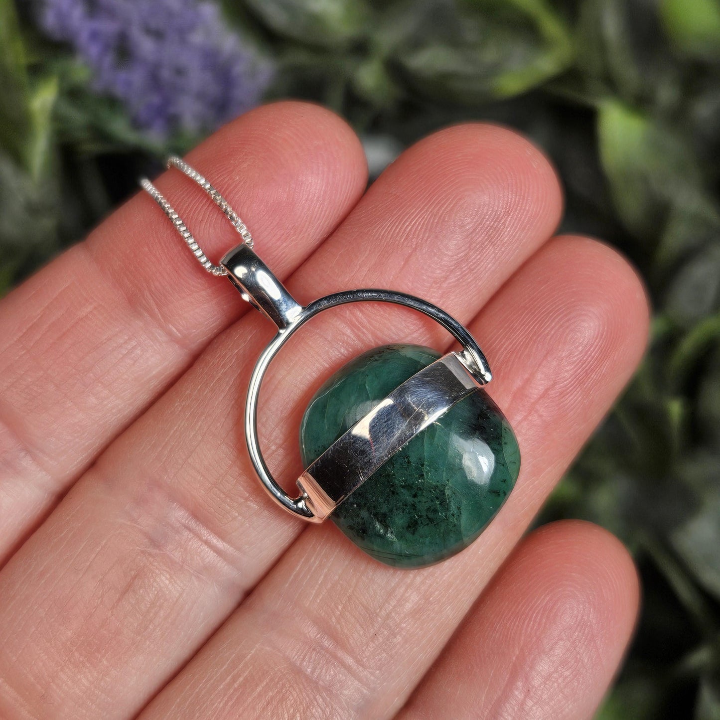 Emerald Pendant: Polished Natural Brazilian Emerald and Sterling Silver Necklace