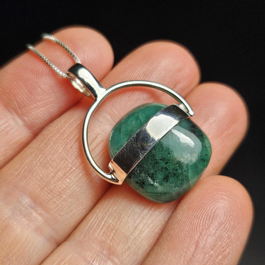 Emerald Pendant: Polished Natural Brazilian Emerald and Sterling Silver Necklace
