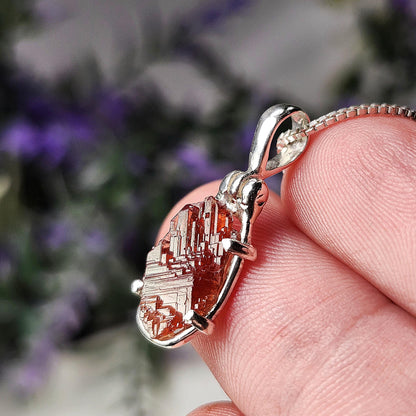 Etched Garnet Sterling Silver Pendant: Brazilian, Red Garnet Necklace