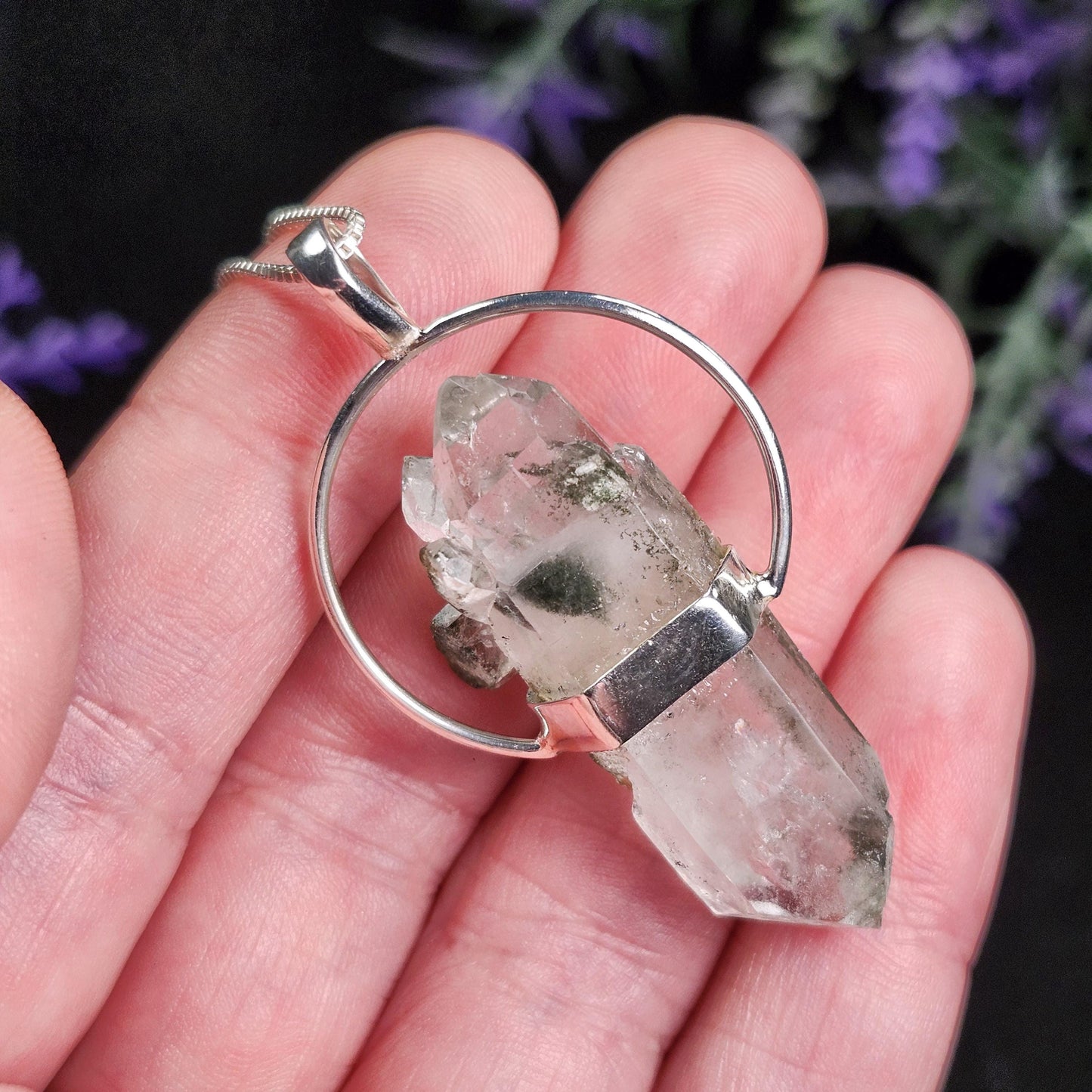 MANIFESTATION Himalayan Green Phantom Quartz Pendant: Sterling Silver Necklace