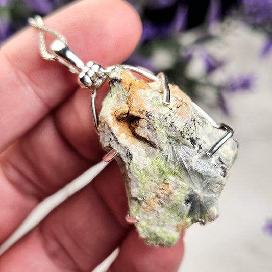 Raw Wavellite Sterling Silver Pendant: Green Crystal Healing Jewelry