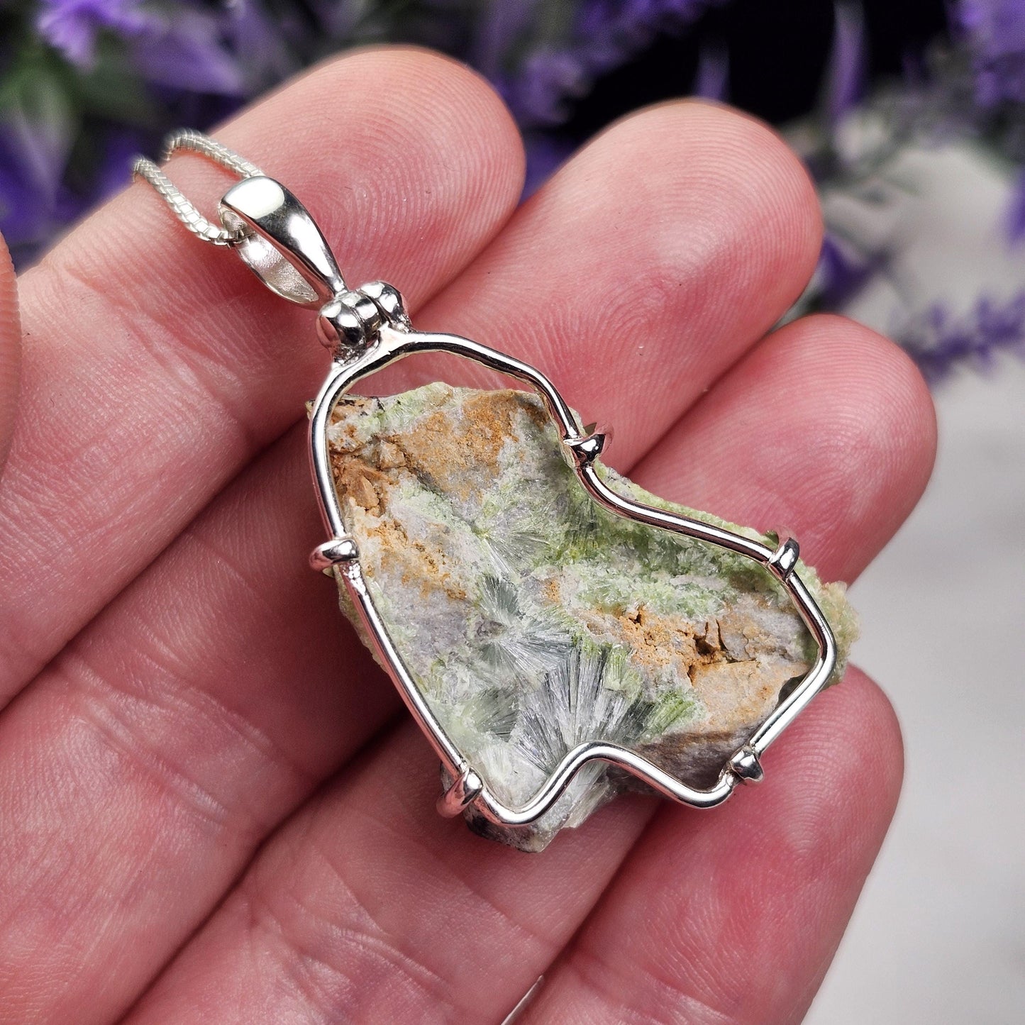 Raw Wavellite Sterling Silver Pendant: Green Crystal Healing Jewelry