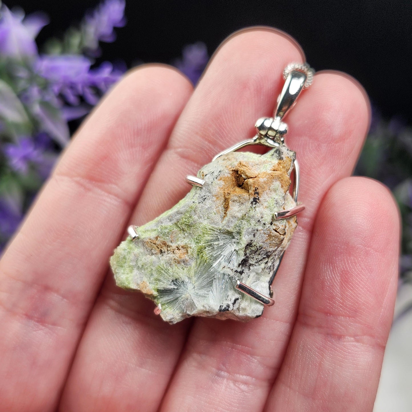 Raw Wavellite Sterling Silver Pendant: Green Crystal Healing Jewelry