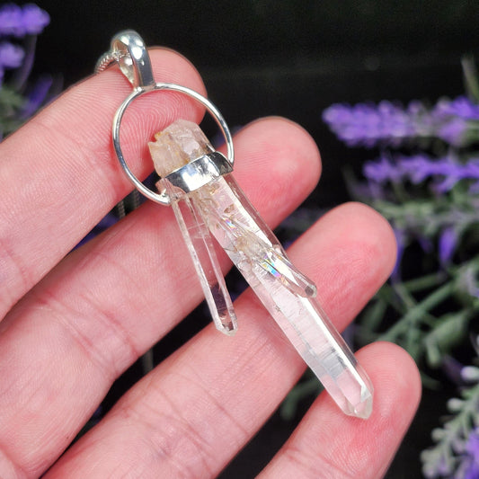 MANIFESTATION Colombian Lemurian Quartz Pendant: Sterling Silver Crystal Necklace
