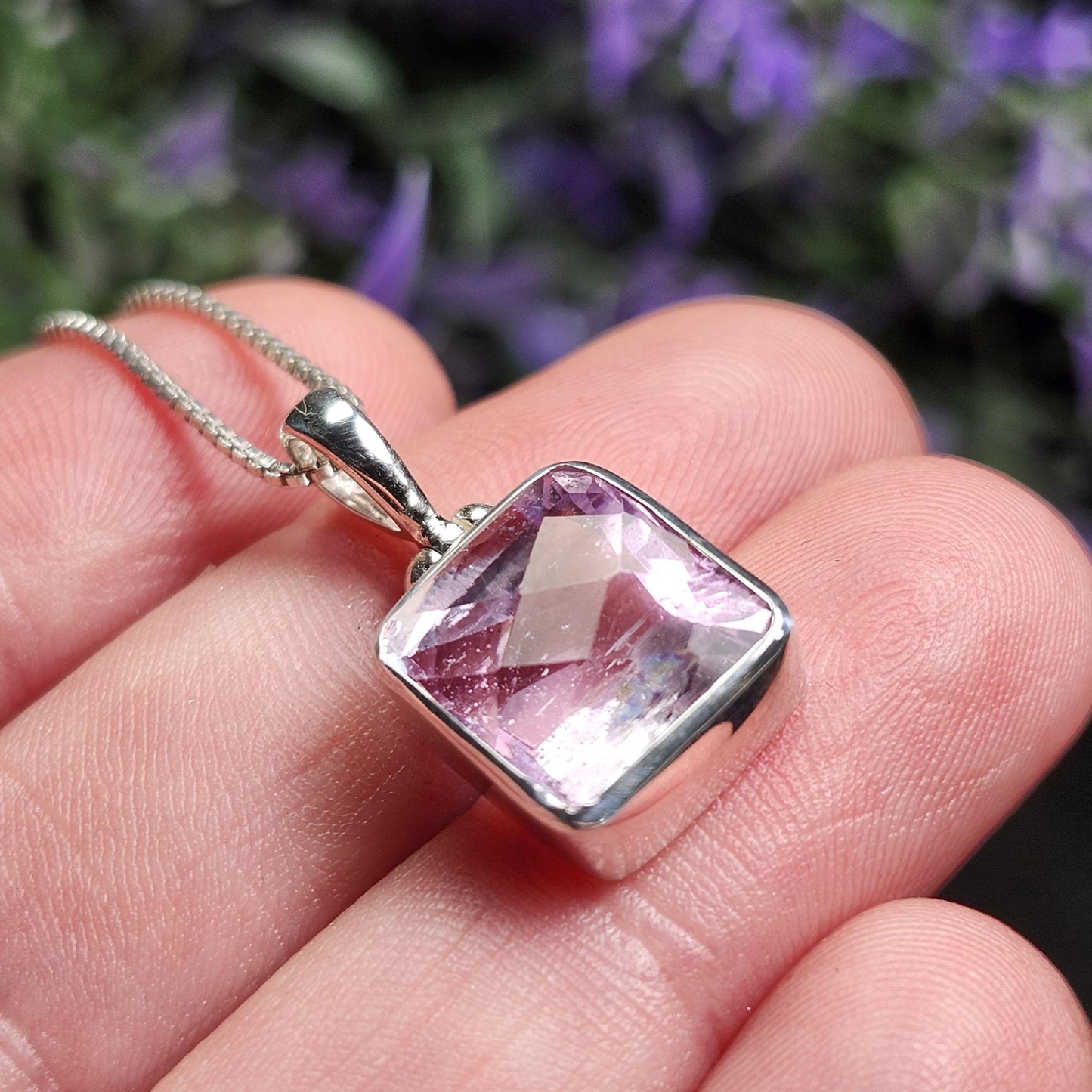 Faceted Kunzite Sterling Silver Pendant: Pale Pink Gemstone