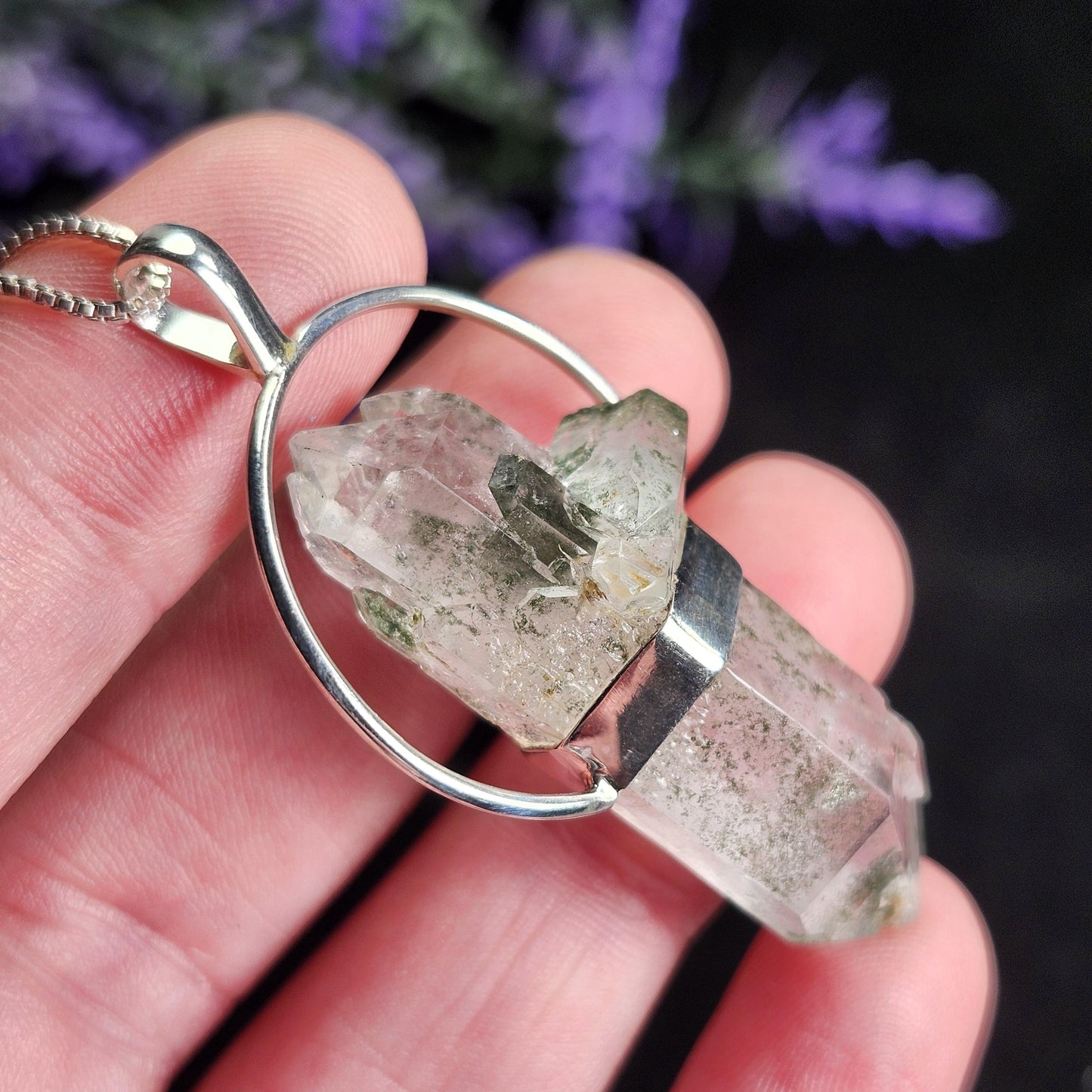 MANIFESTATION Himalayan Green Phantom Quartz Pendant: Sterling Silver Necklace