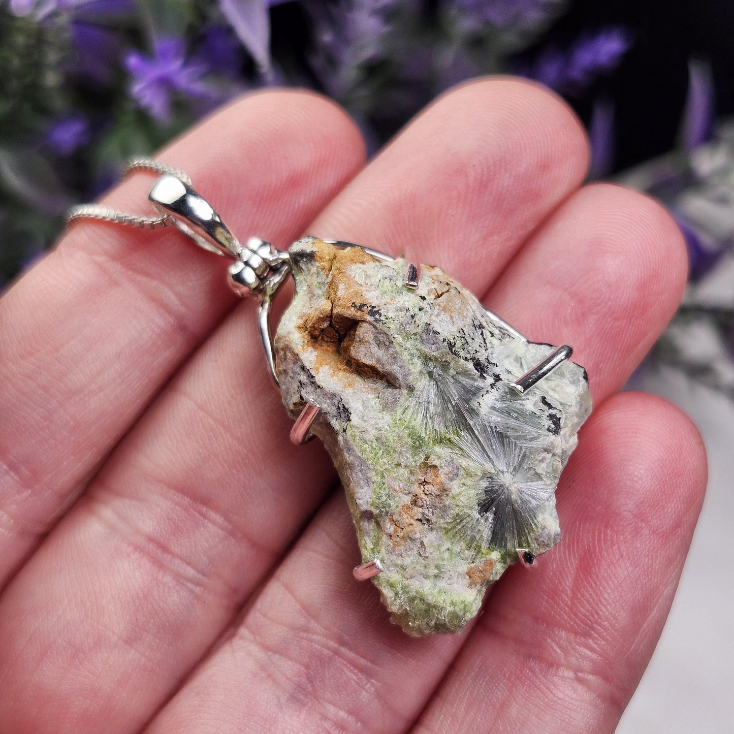 Raw Wavellite Sterling Silver Pendant: Green Crystal Healing Jewelry