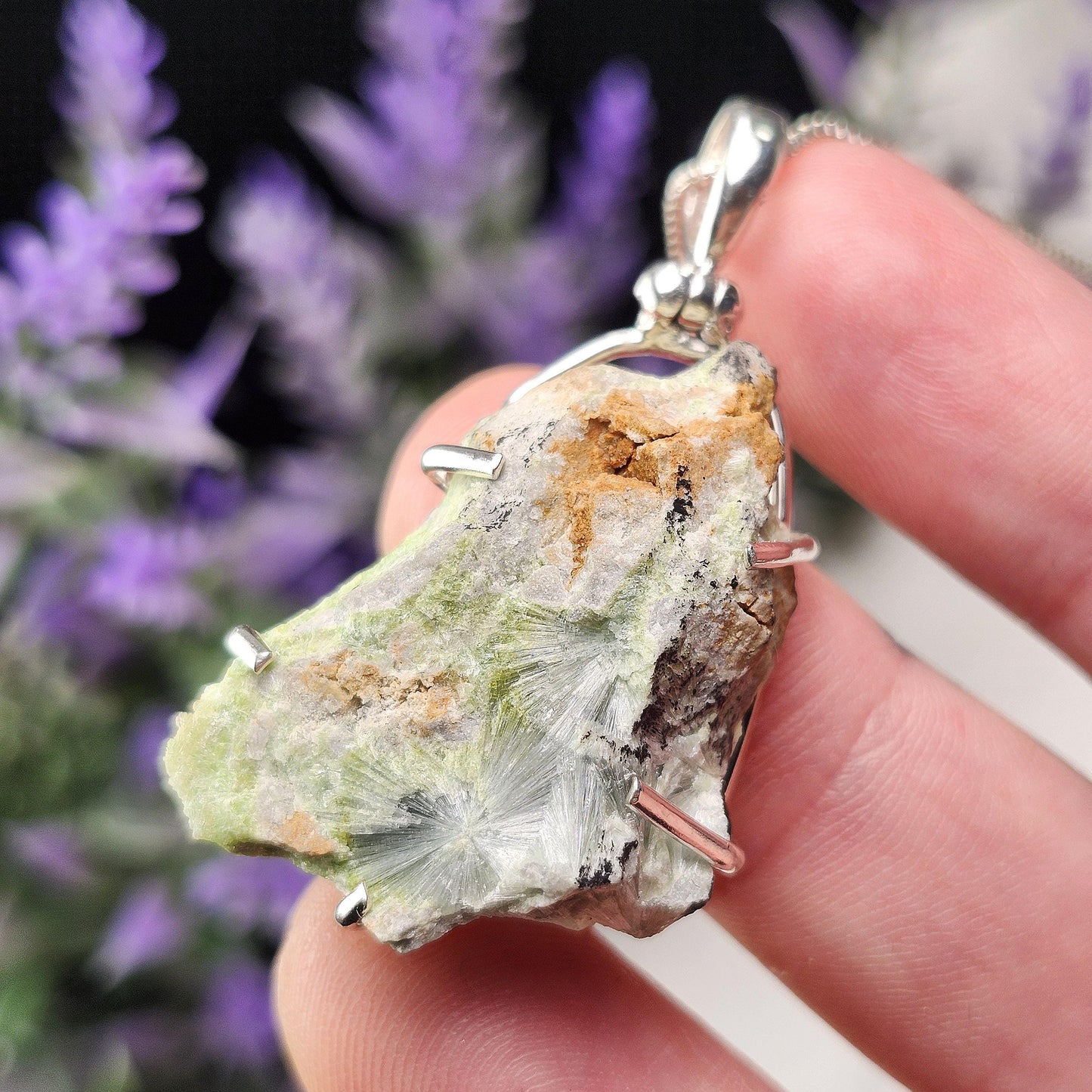 Raw Wavellite Sterling Silver Pendant: Green Crystal Healing Jewelry