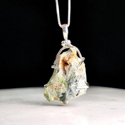 Raw Wavellite Sterling Silver Pendant: Green Crystal Healing Jewelry
