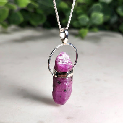 Ruby Crystal Pendant, Raw Indian Ruby Sterling Silver Necklace