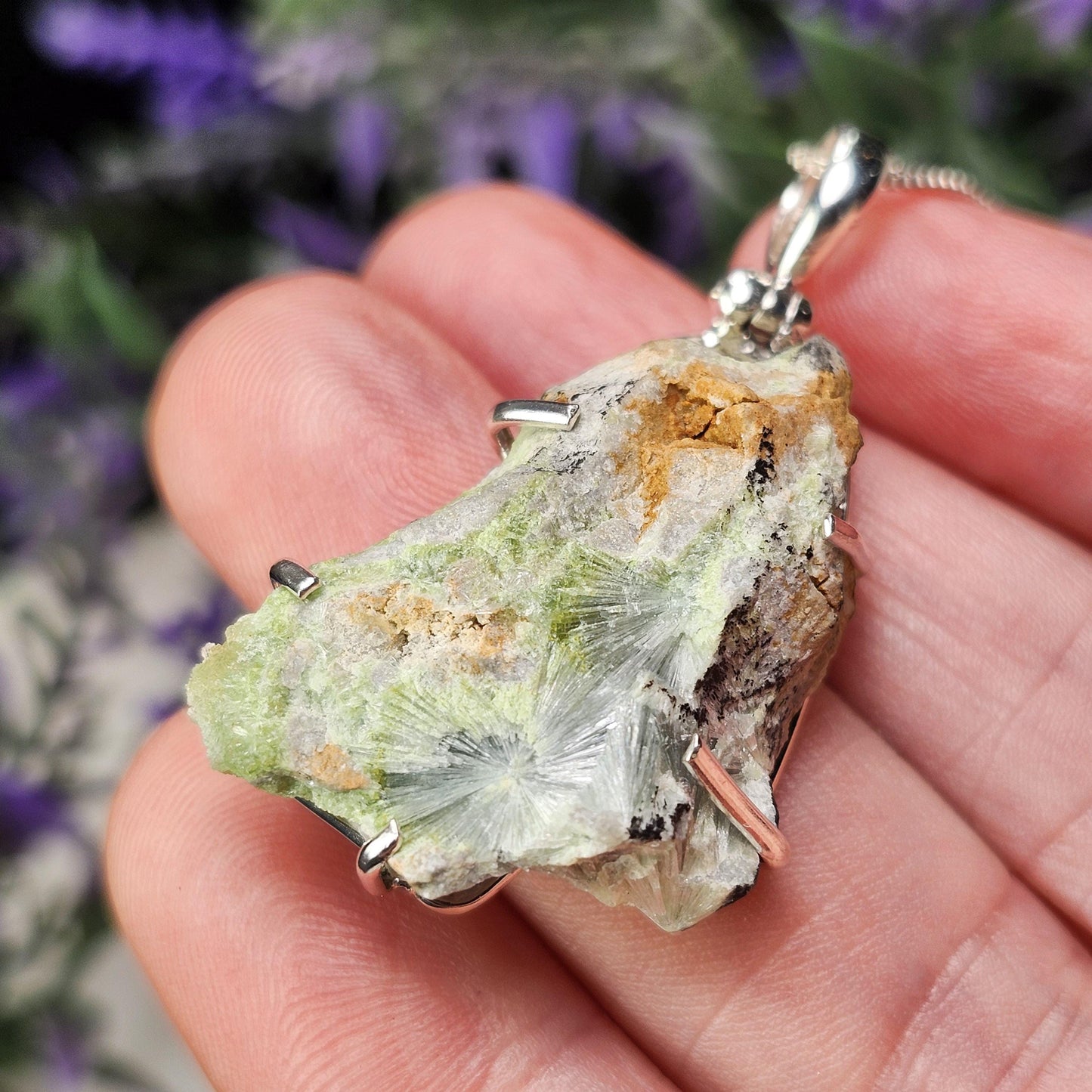 Raw Wavellite Sterling Silver Pendant: Green Crystal Healing Jewelry