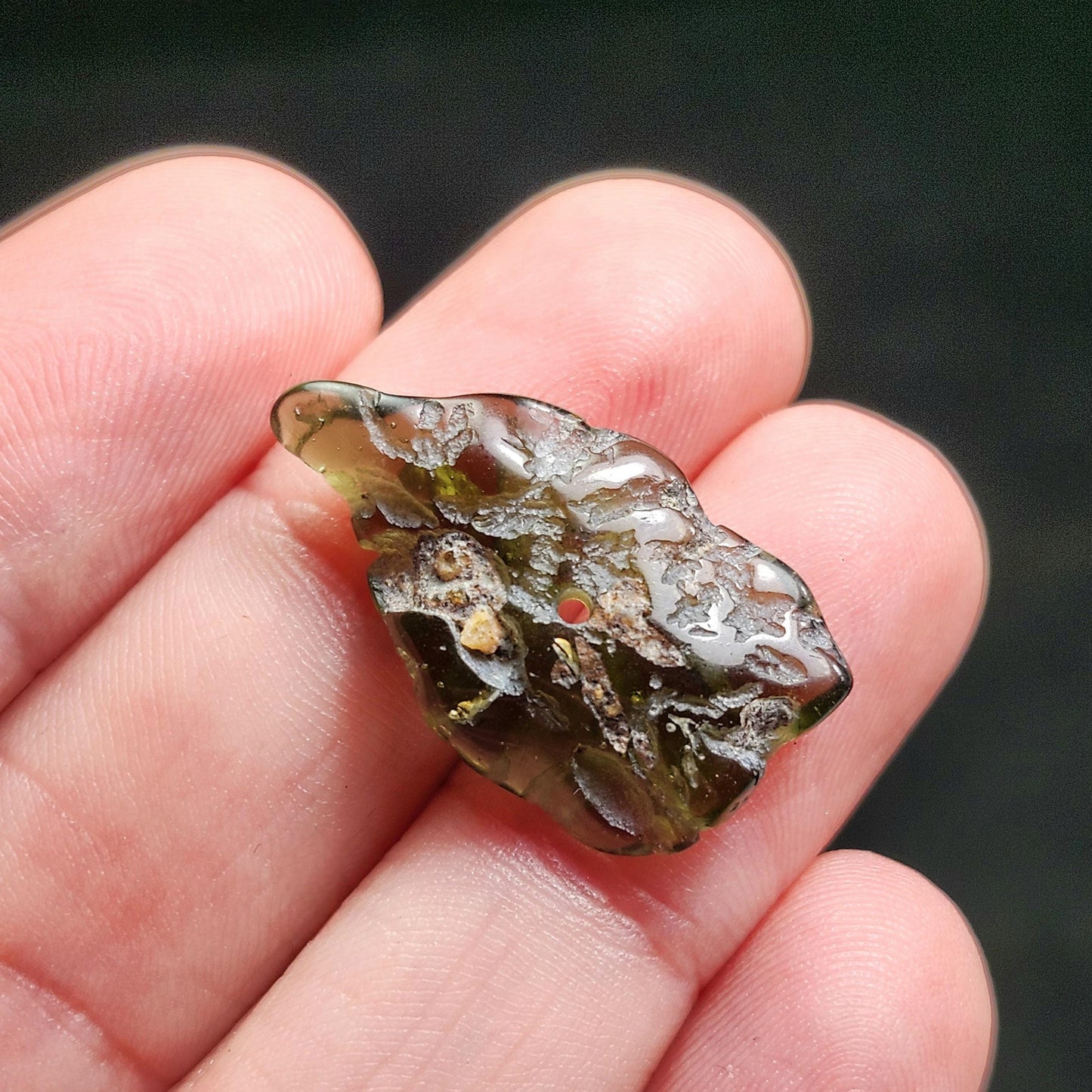 Polished Moldavite Bead: Authentic Czech Tektite Crystal (1.8g, 25mm x 15mm x 4mm)