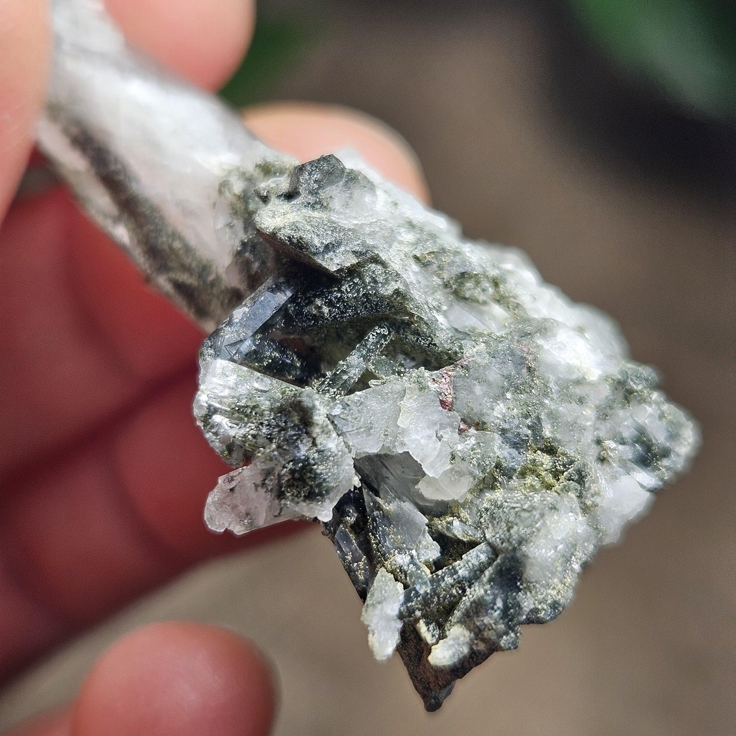 Ganesh Himal Quartz Crystal with Green Chlorite (65mm x25mm): Manifestation Crystal Inclusion, Tessin Habit Quartz, Prasem Crystal