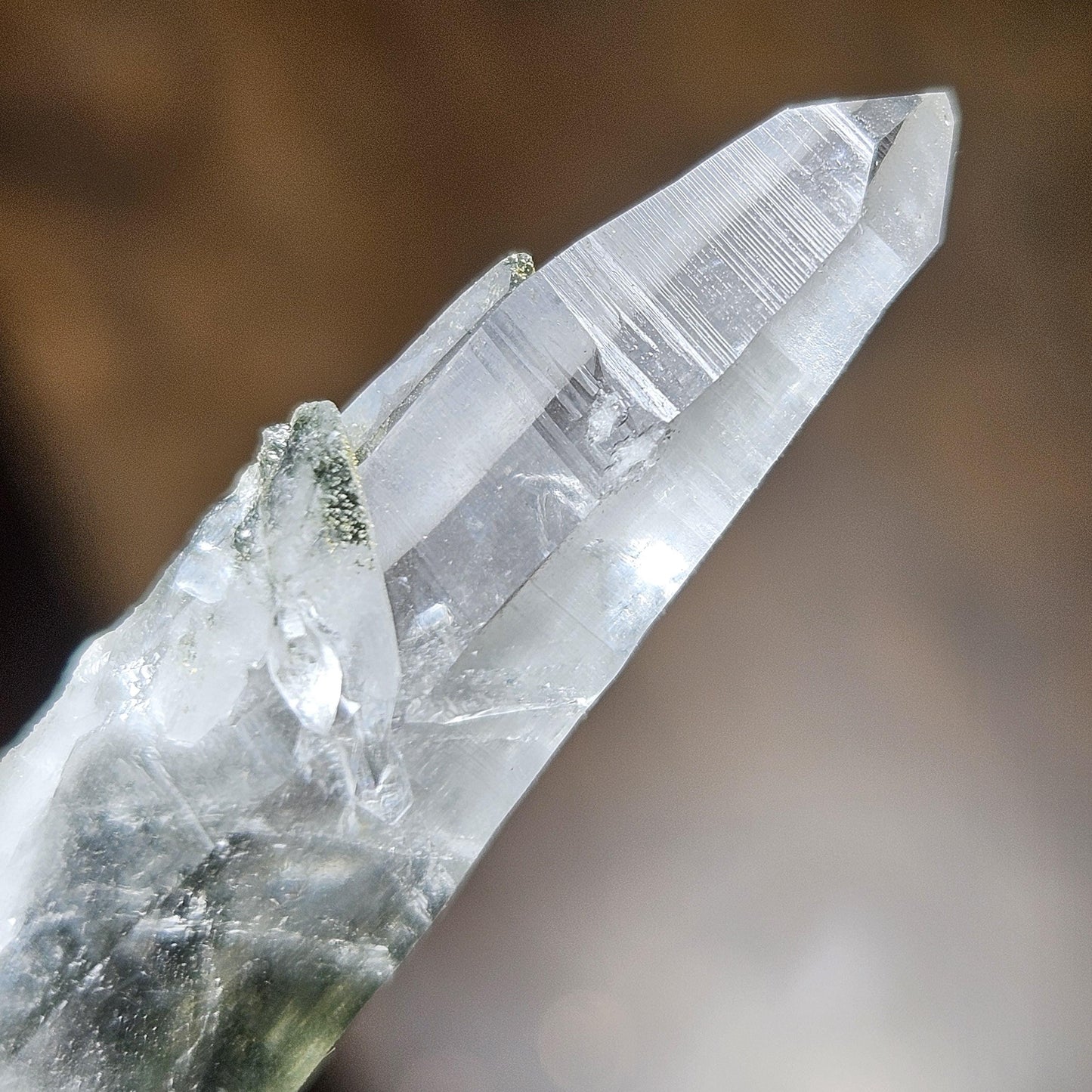 Ganesh Himal Quartz Crystal with Green Chlorite (65mm x25mm): Manifestation Crystal Inclusion, Tessin Habit Quartz, Prasem Crystal