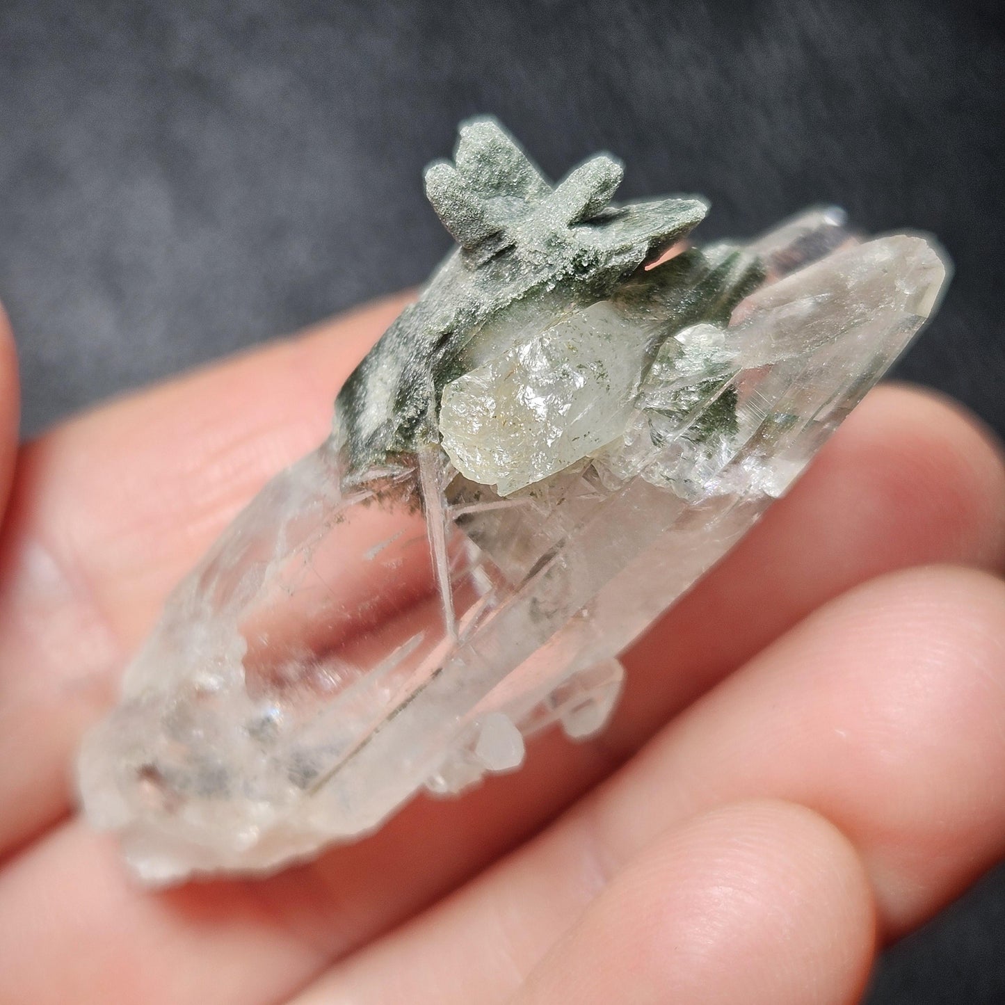 Ganesh Himal Manifestation Nepalese Quartz Crystal with Green Chlorite (65mm x25mm):  Prasem Crystal