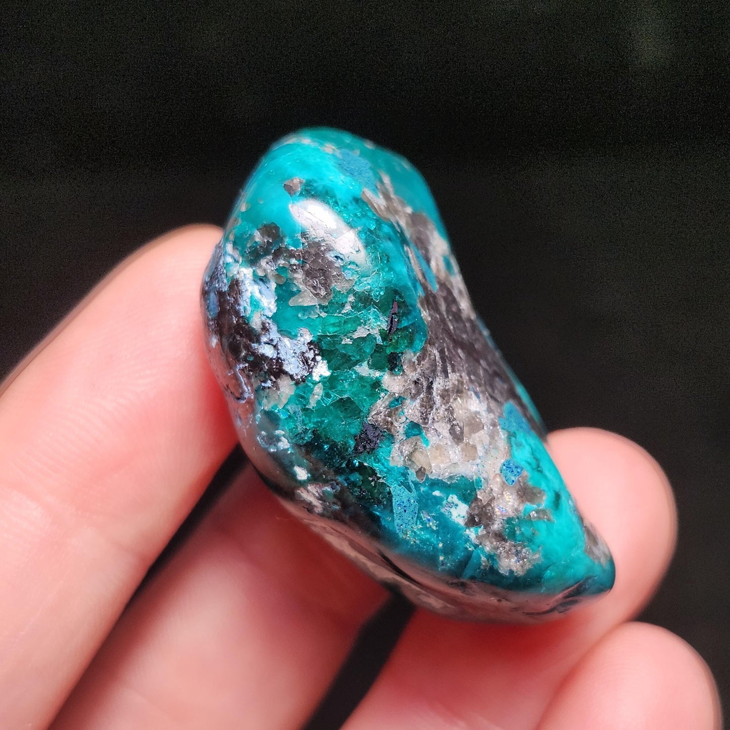 Polished Dioptase & Shattuckite in Quartz Crystal 43.13g, Congo Dioptase Specimen