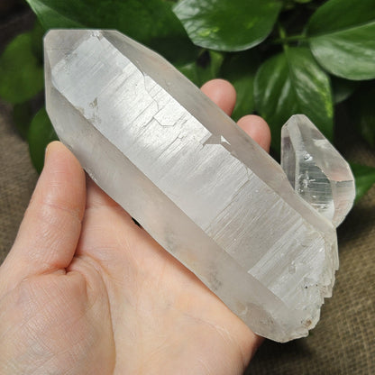 Lemurian Quartz Crystal (420g), Brazilian Quartz with Barcode Striations and Double Termination