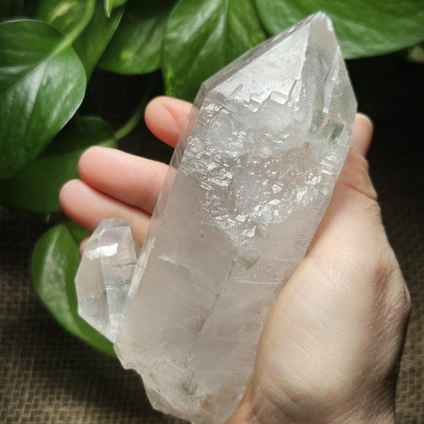 Lemurian Quartz Crystal (420g), Brazilian Quartz with Barcode Striations and Double Termination