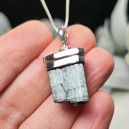 Blue Tourmaline Crystal Pendant, Sterling Silver Tourmaline Necklace