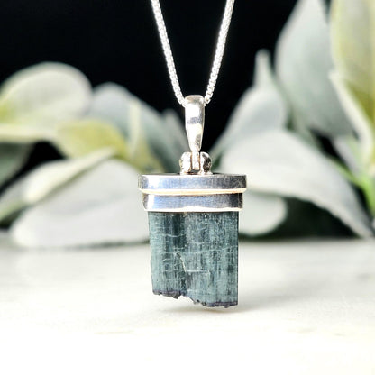 Blue Tourmaline Crystal Pendant, Sterling Silver Tourmaline Necklace