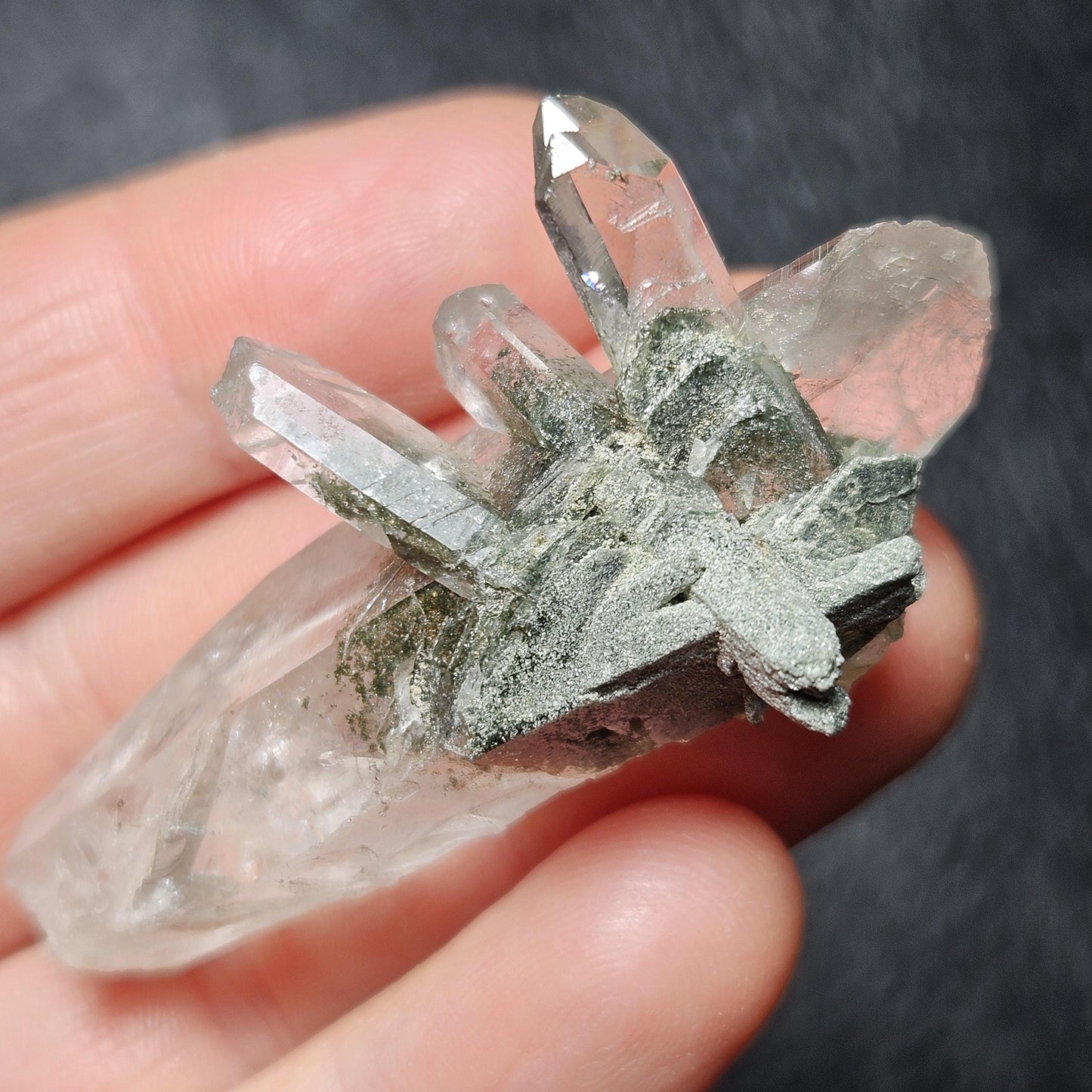 Ganesh Himal Manifestation Nepalese Quartz Crystal with Green Chlorite (65mm x25mm):  Prasem Crystal