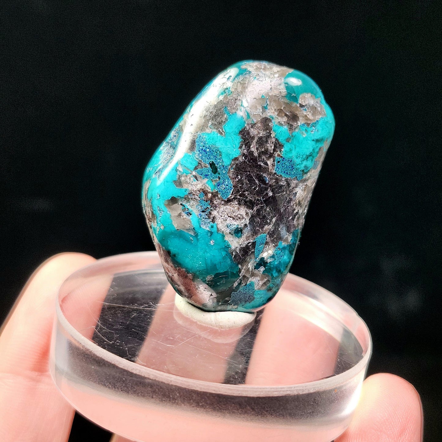 Polished Dioptase & Shattuckite in Quartz Crystal 43.13g, Congo Dioptase Specimen