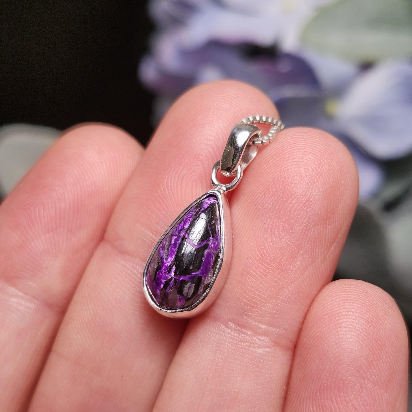 Fibrous Sugilite Pendant, Sterling Silver