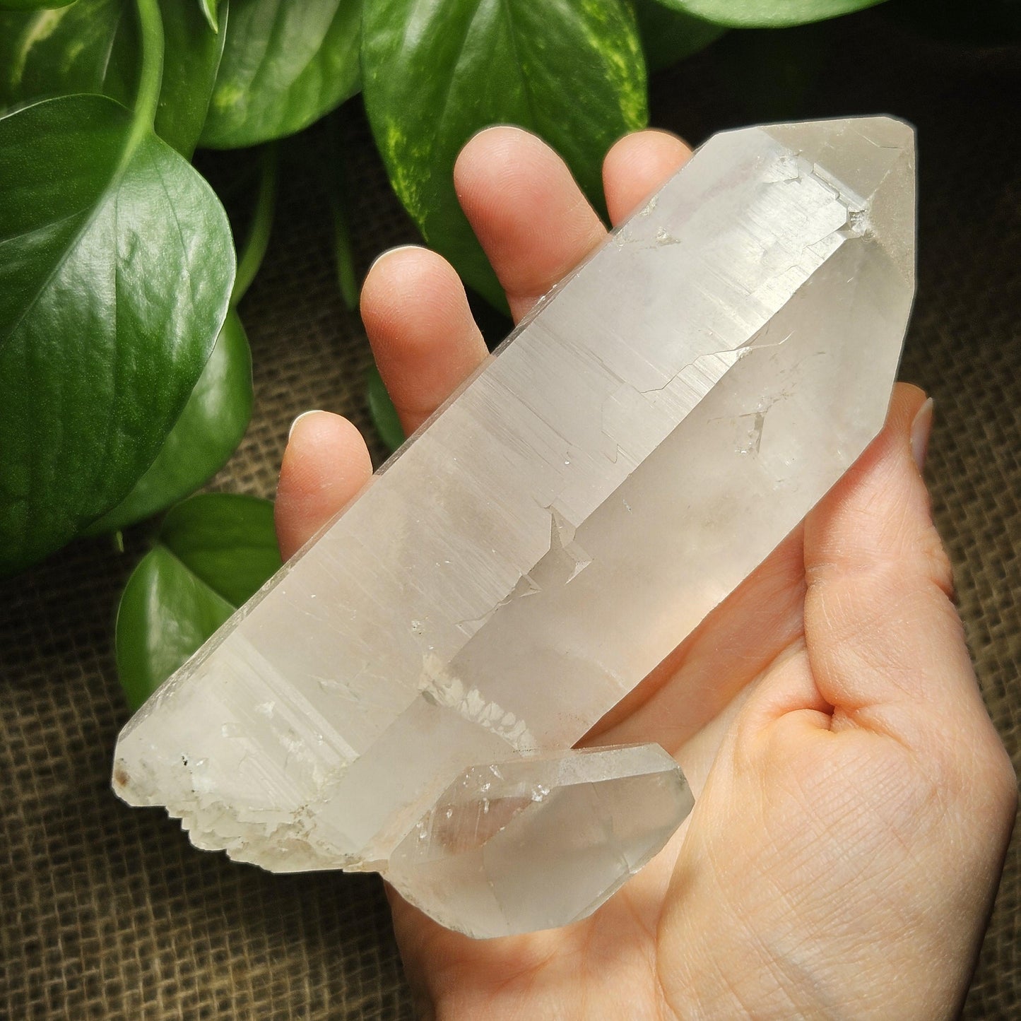 Lemurian Quartz Crystal (420g), Brazilian Quartz with Barcode Striations and Double Termination