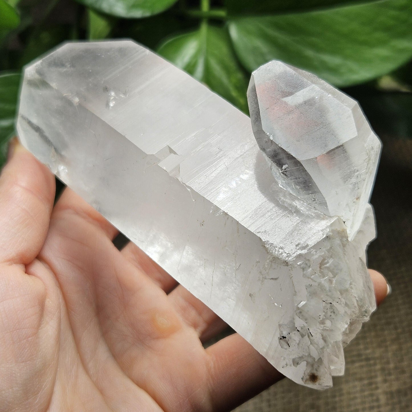 Lemurian Quartz Crystal (420g), Brazilian Quartz with Barcode Striations and Double Termination