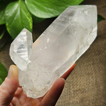 Lemurian Quartz Crystal (420g), Brazilian Quartz with Barcode Striations and Double Termination