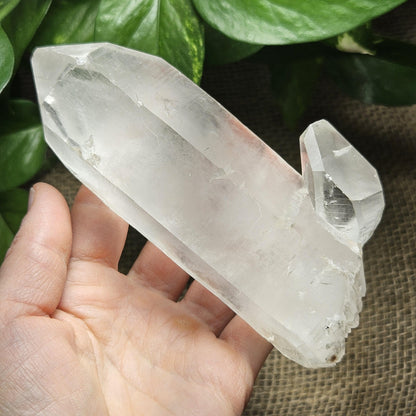 Lemurian Quartz Crystal (420g), Brazilian Quartz with Barcode Striations and Double Termination