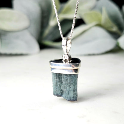 Blue Tourmaline Crystal Pendant, Sterling Silver Tourmaline Necklace