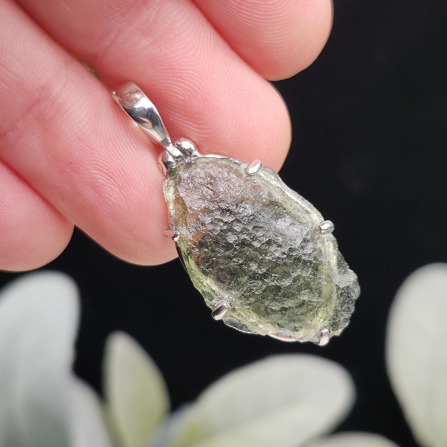 Genuine Moldavite Pendant, Sterling Silver