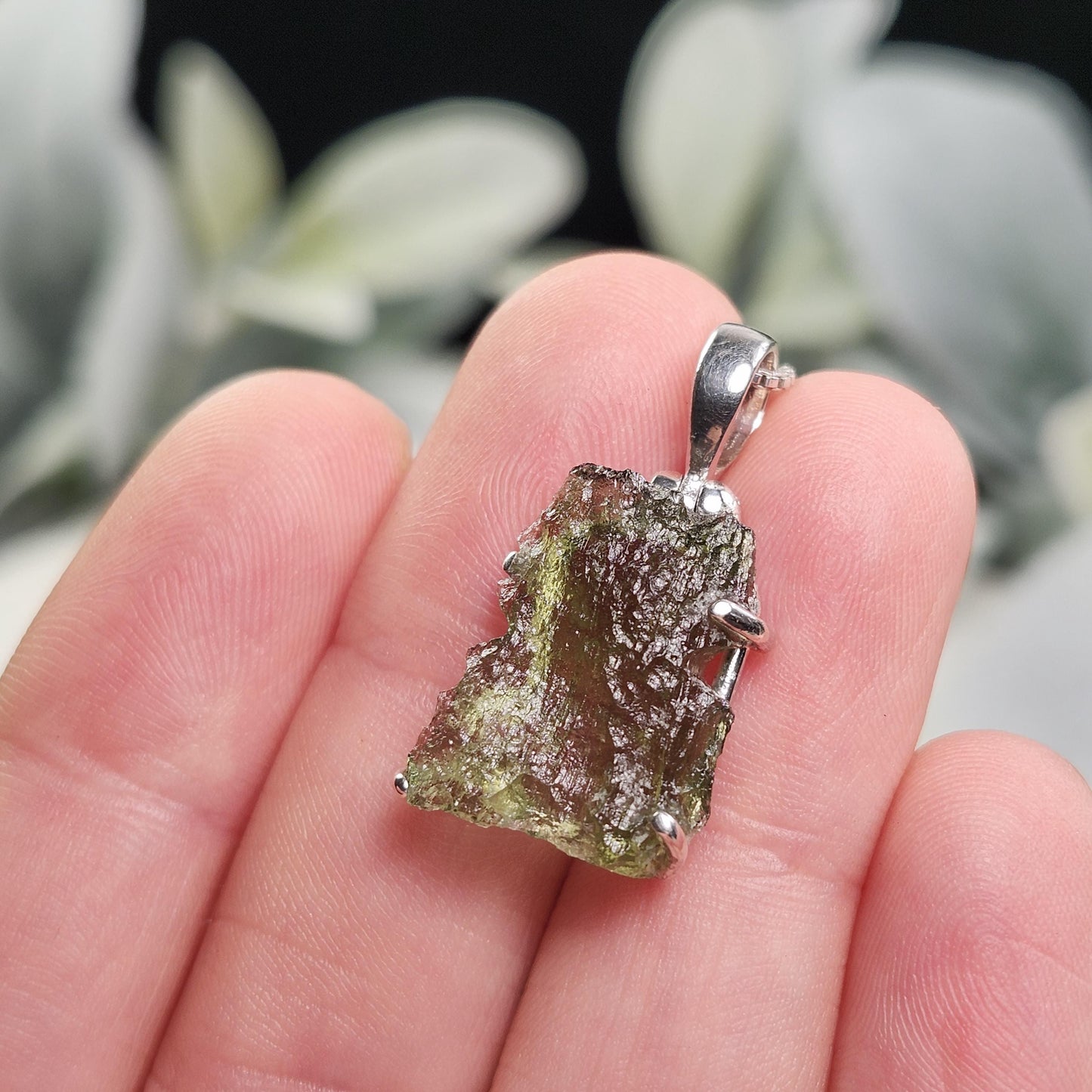 Genuine Moldavite Pendant, Sterling Silver