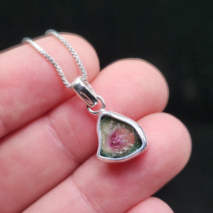 Watermelon Tourmaline Slice Pendant, Sterling Silver