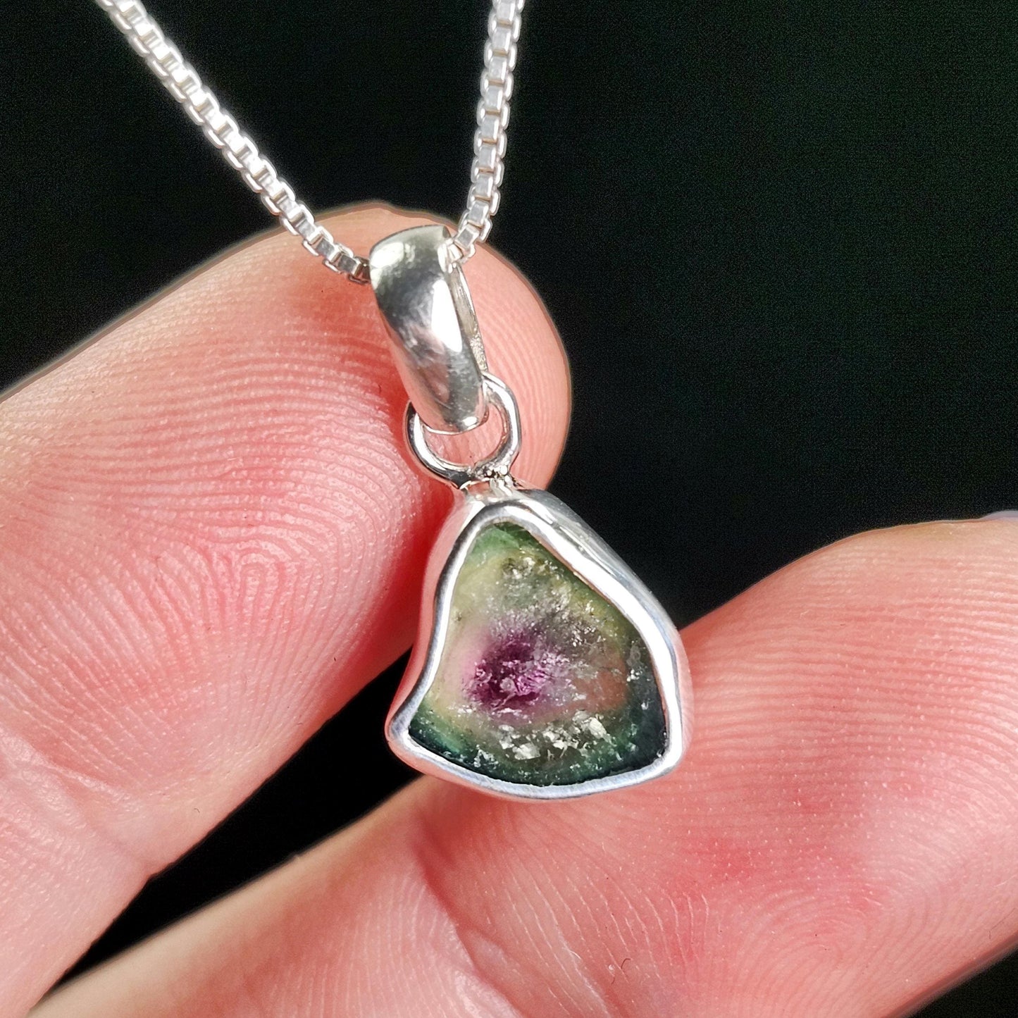 Watermelon Tourmaline Slice Pendant, Sterling Silver