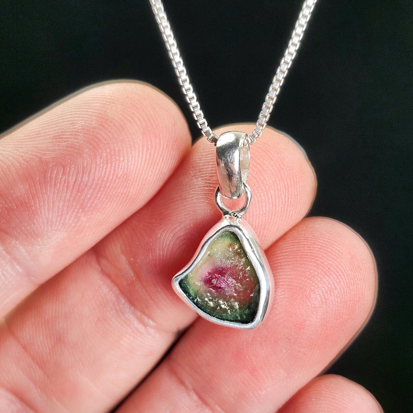 Watermelon Tourmaline Slice Pendant, Sterling Silver