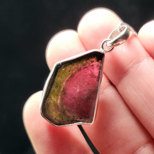 Watermelon Tourmaline Slice Pendant, Sterling Silver