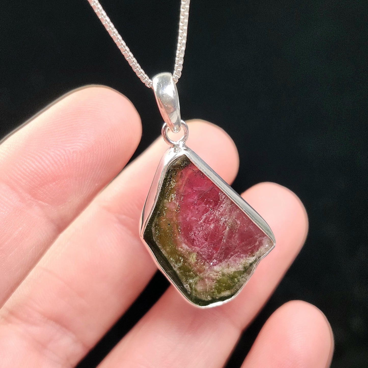 Watermelon Tourmaline Slice Pendant, Sterling Silver