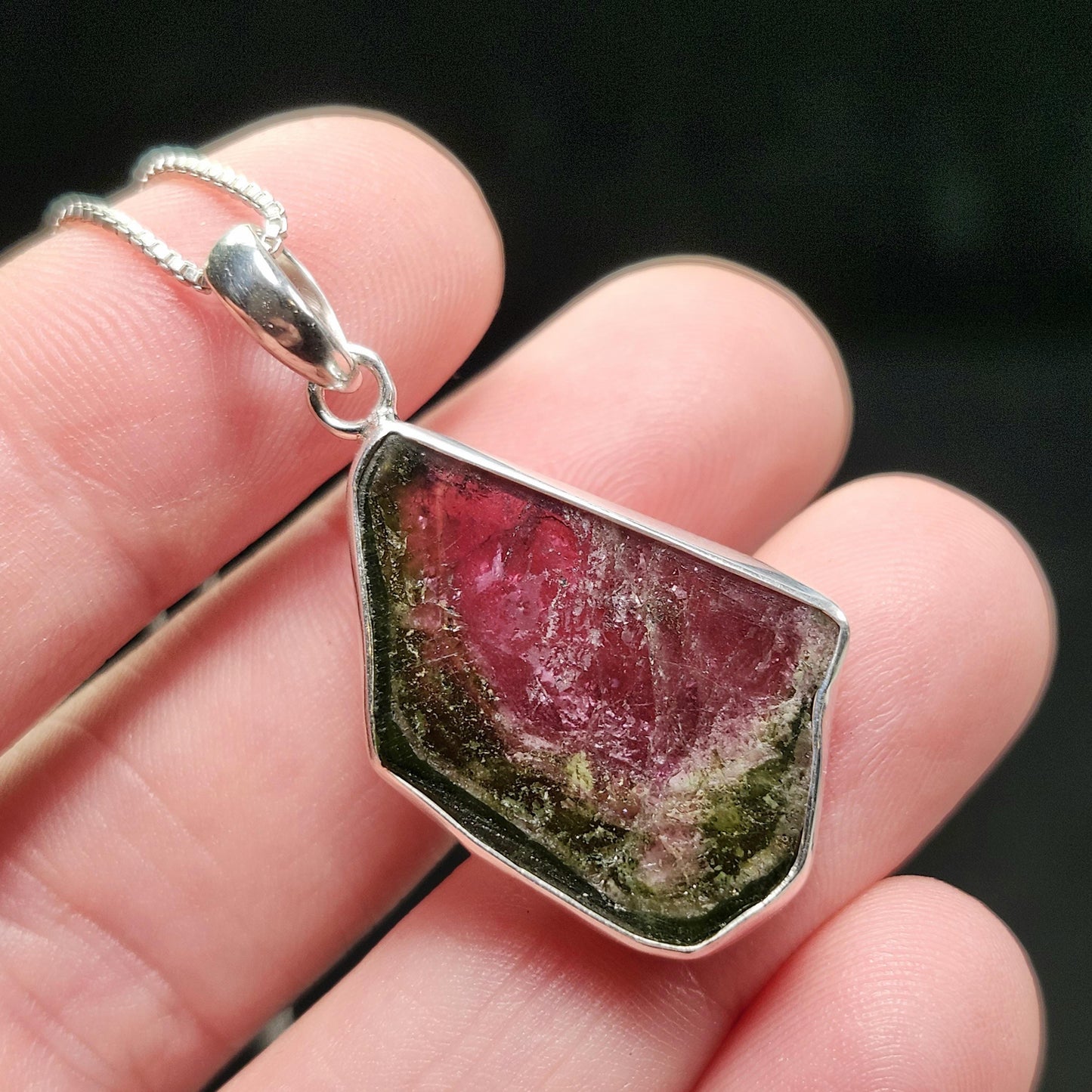 Watermelon Tourmaline Slice Pendant, Sterling Silver