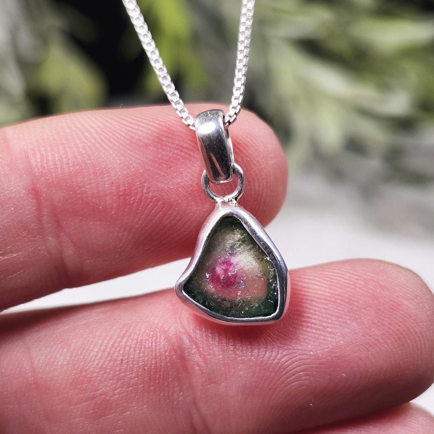 Watermelon Tourmaline Slice Pendant, Sterling Silver