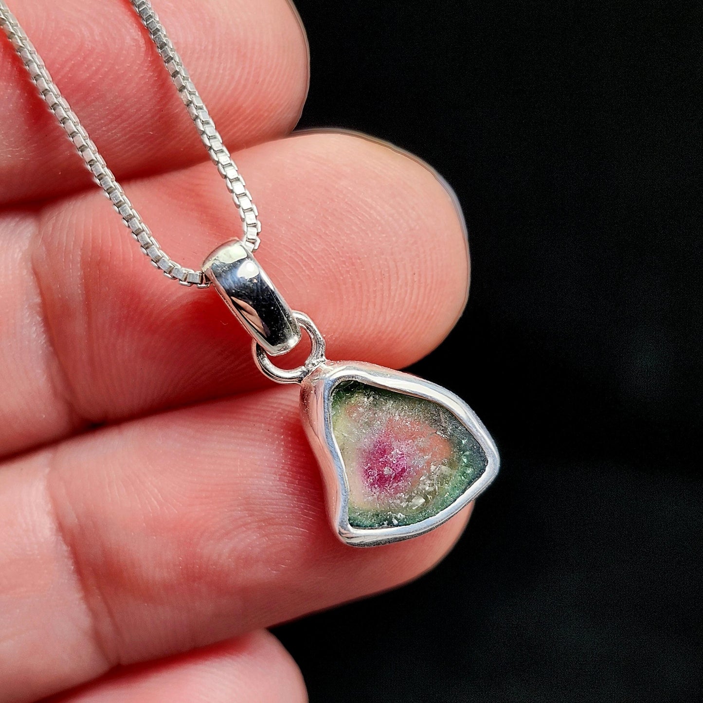 Watermelon Tourmaline Slice Pendant, Sterling Silver