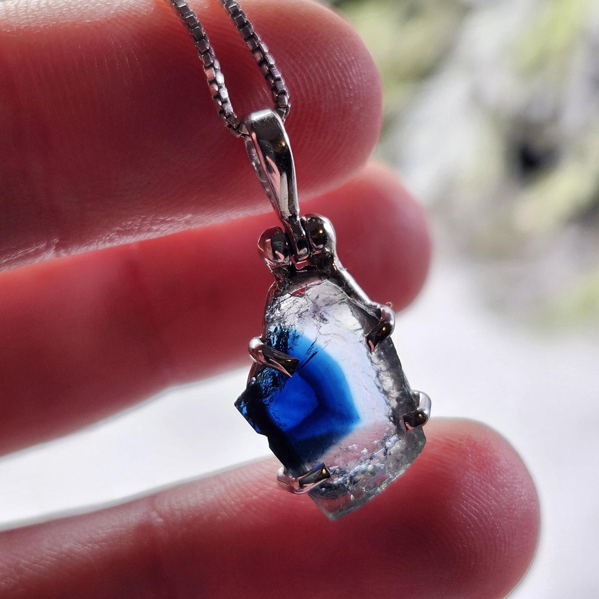 Blue Tourmaline Slice Pendant, Sterling Silver