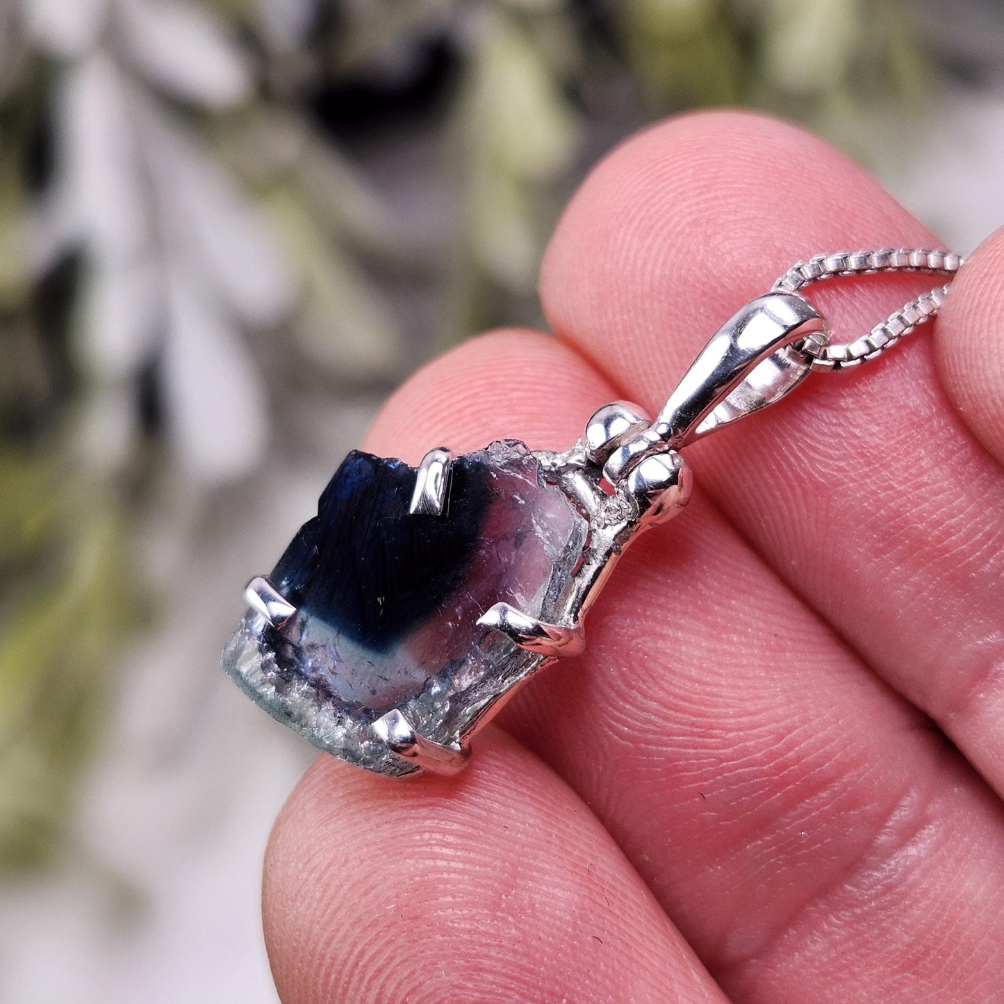 Blue Tourmaline Slice Pendant, Sterling Silver