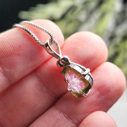 Watermelon Tourmaline Slice Pendant, Sterling Silver