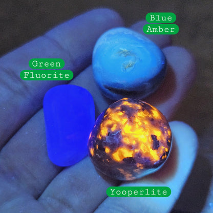 Yooperlite, Blue Amber & Fluorite : Set of 3 UV REACTIVE Crystals, Choose 1 or all 3!