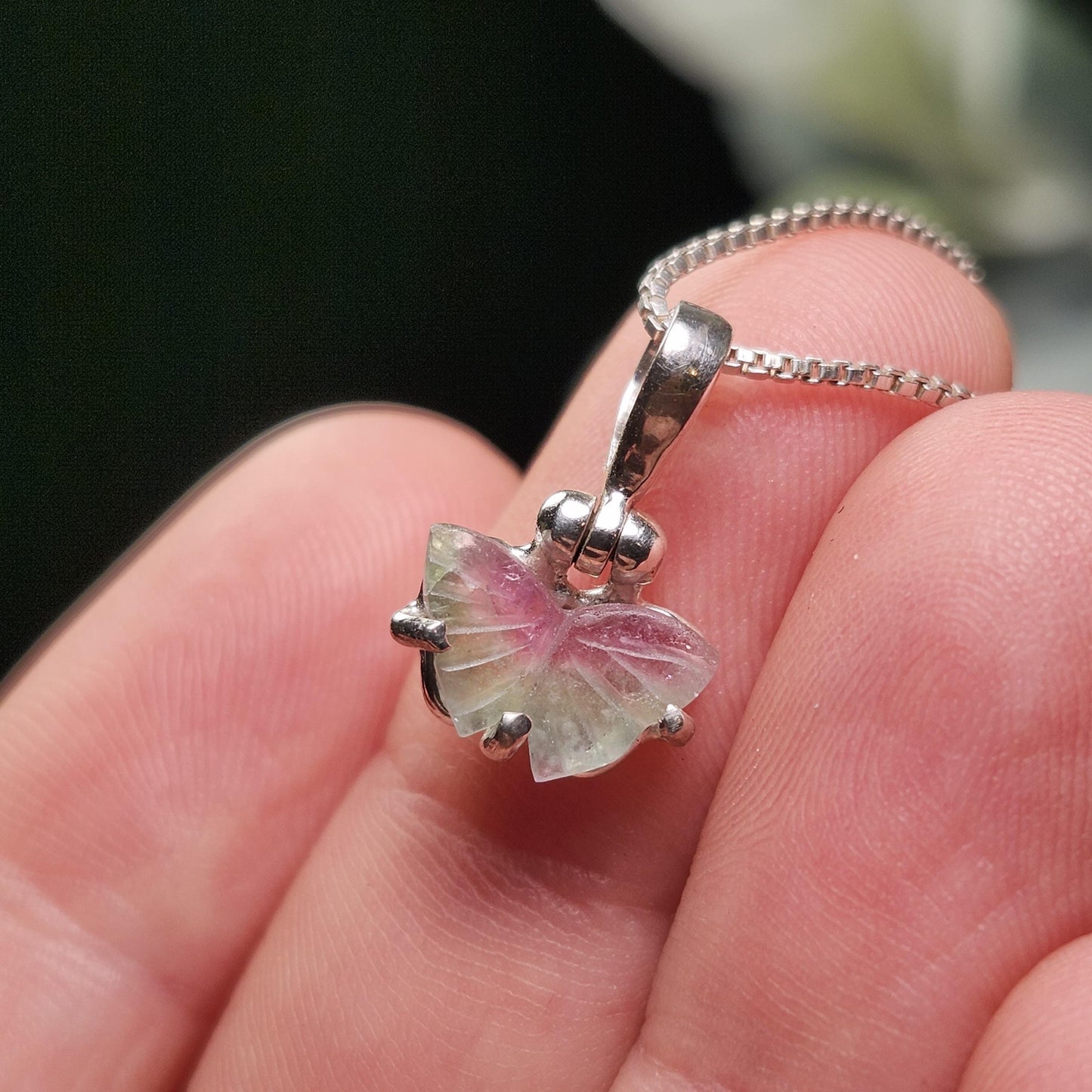 Watermelon Tourmaline Butterfly Pendant, Sterling Silver