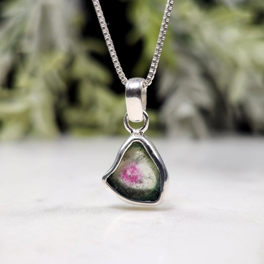 Watermelon Tourmaline Slice Pendant, Sterling Silver